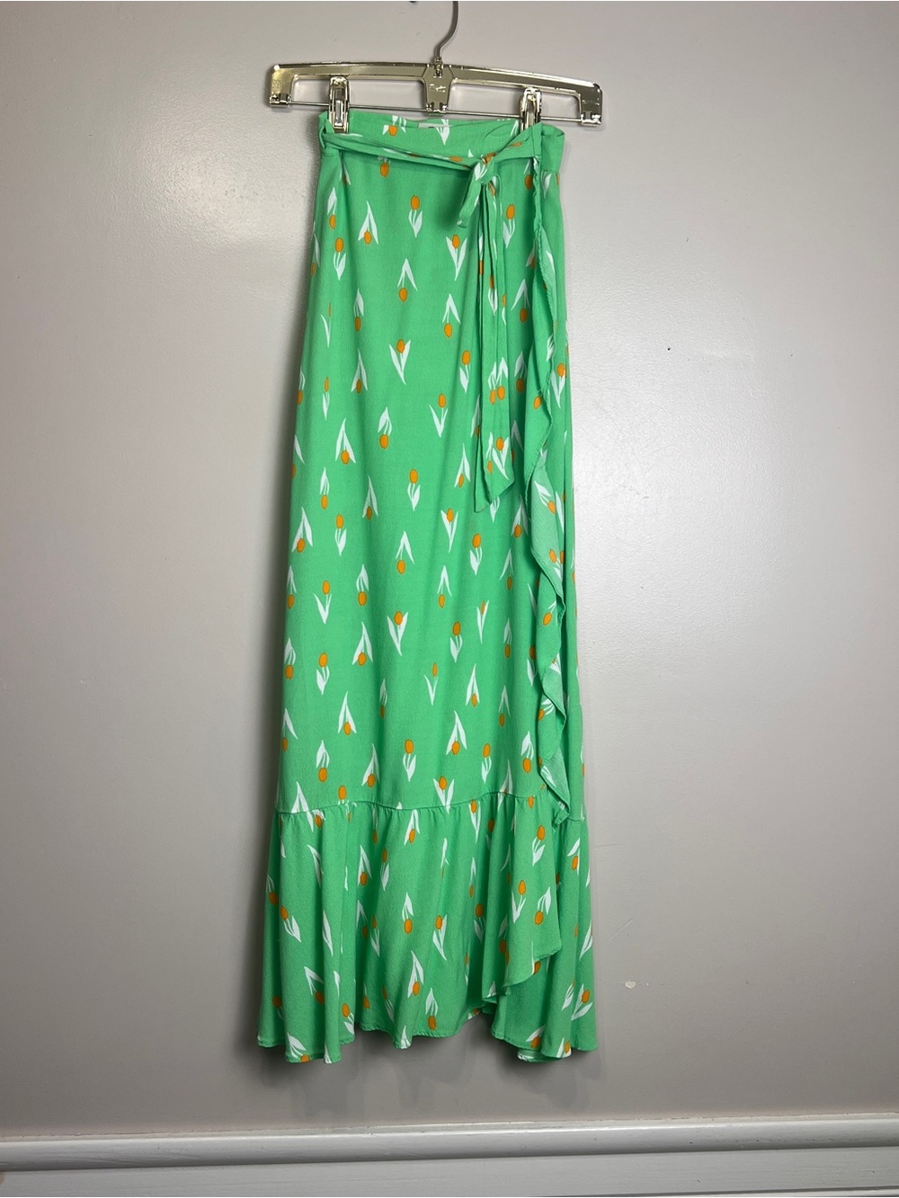 Urban Outfitters Michelle Green Tulip Printed Ruffled Wrap Maxi Skirt Sz XS EUC